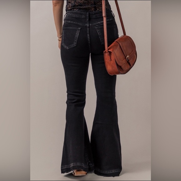 Black Button Front High Waist Flares - Picture 2 of 6